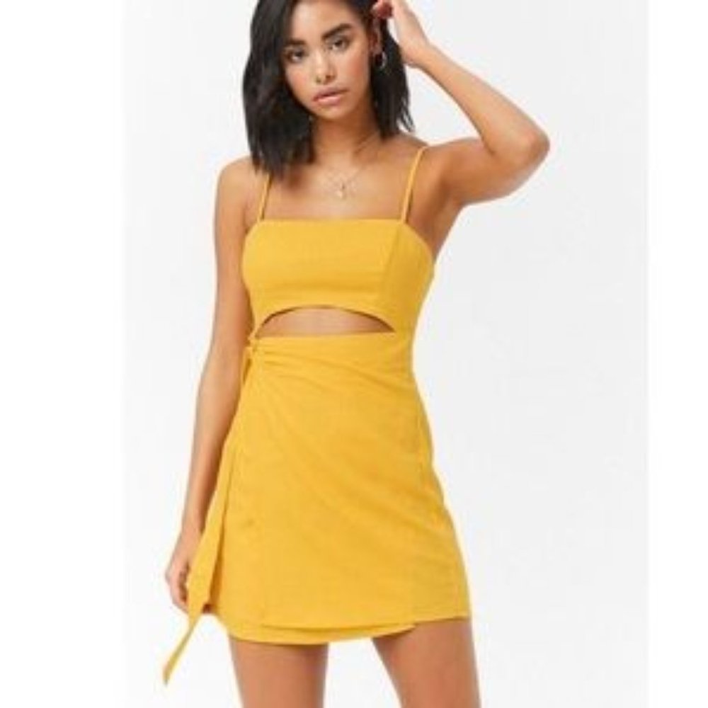 Women's Yellow Wrap Cutout Mini Dress